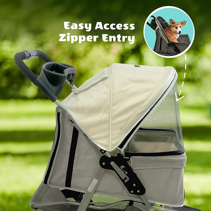 Critter Sitters 4-Wheel Dog Stroller for Medium or Large Sized Dogs & Cats with Scratch Resistant Breathable Mesh Windows and Safety Leash, Storage Basket, Cup Holders, Lockable Wheels, Light Grey
