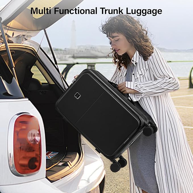 Hanke 24 Inch Luggage with Cup Holder and Charge,Top Opening Hard Shell Suitcases with Wheels and Dividers,Aluminum Frame Trunk Luggage Medium Checked Suitcase with Lock for Travel，Jet Black