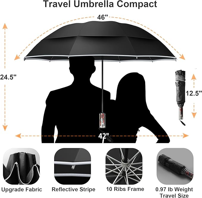 Urvoix Compact Golf Umbrellas Windproof, Travel Umbrella for Rain, 10 Ribs Aluminum Alloy & Fiberglass w/Reflective Stripe, Double Canopy Automatic Anti-bounce Close
