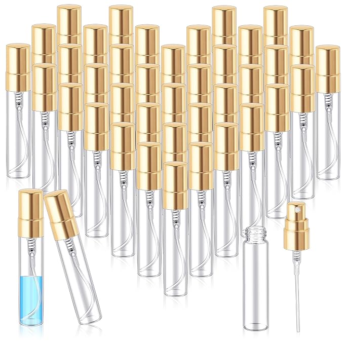 Zhehao 75 Pcs Mini Spray Bottles 5 ml Clear Glass Perfume Bottles Refillable Fine Mist Perfume Atomizer Portable Empty Sample Containers for Cleaning, Essential Oils, Travel (Gold Cap)