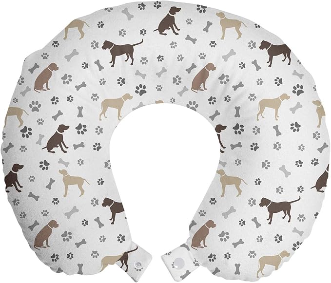 Ambesonne Dog Lover Travel Pillow Neck Rest, Paw Print Bones and Dog Silhouettes American Foxhound Breed Playful Pattern, Memory Foam Traveling Accessory for Airplane and Car, 12", Umber Beige Grey