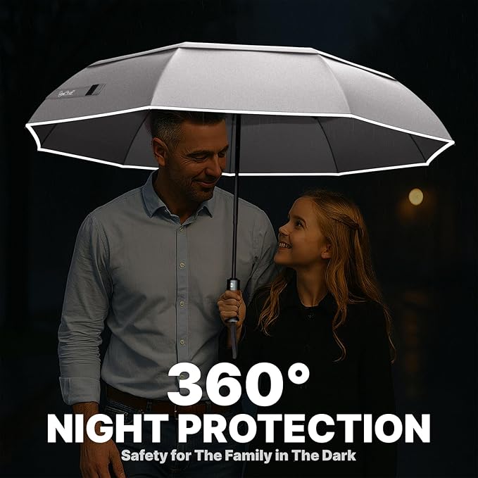 Royal Walk Windproof Folding Travel Umbrella Compact and Strong Luxurious Real Wood Handle Automatic Open Close Vented Double Canopy for Men and Women