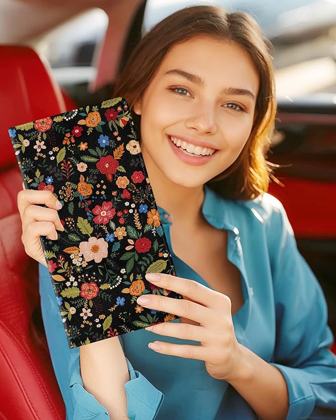 Slohif Car Registration and Insurance Card Holder - Blossom Vehicle Glove Box Organizer Women with Magnetic Shut Leather Automobile License Holders Coasters Auto Accessories Case for Document