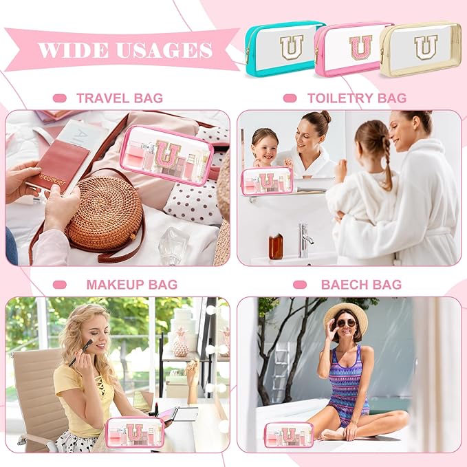 Personalized Initial Letter Clear Makeup Bag,Preppy Small Nylon&PVC Cosmetic Zipper Bag with Chenille Letter,Portable Beach Travel Skincare Toiletry Bag,Trendy Monogram Gift for Teen Girls Women,U