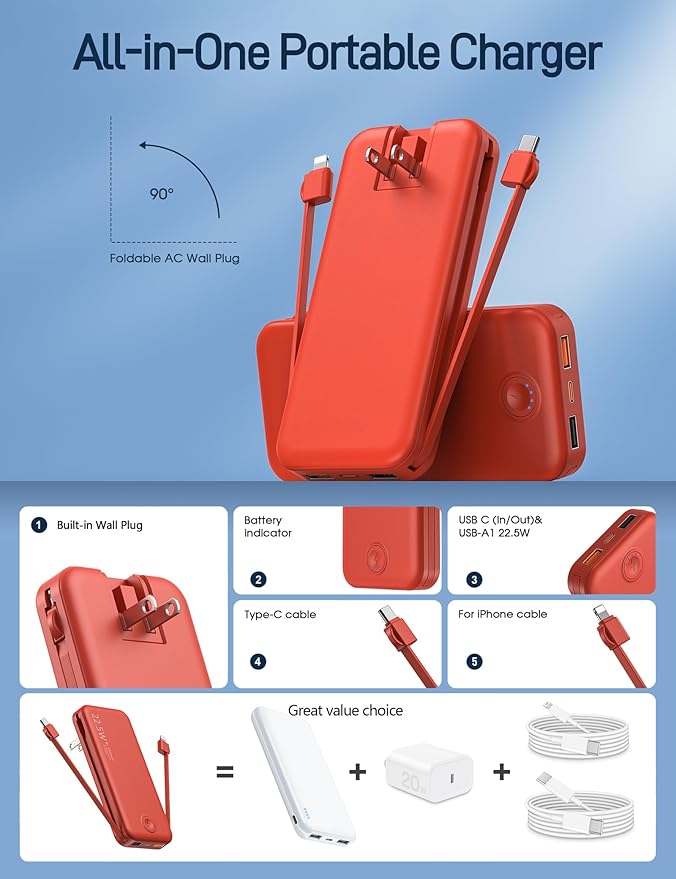 Portable Charger, 12000mAh 22.5W Fast Charging Power Bank with Built-in Cables & Wall Plug, Travel Essentials External Battery Pack, USB C Battery Phone Charger for iPhone, iPad, Samsung Red
