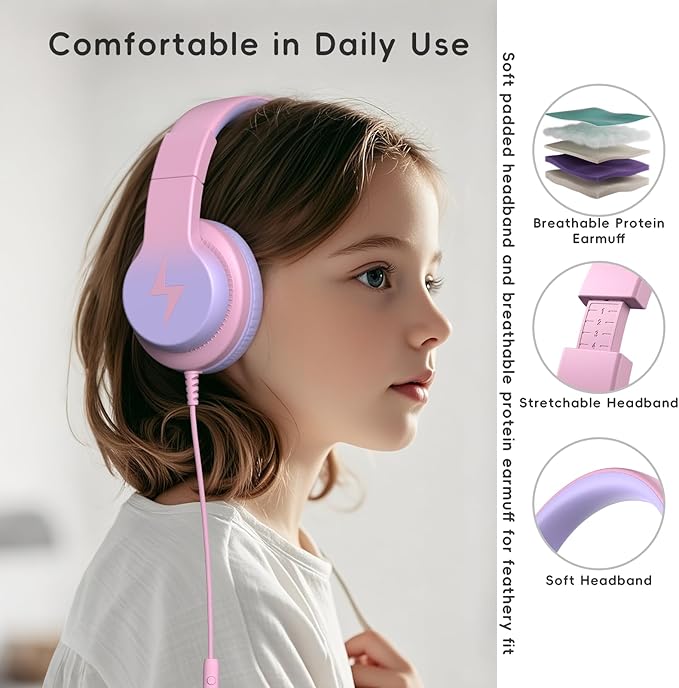 Kids Wired Headphones for Kids with Microphone, 85/94dB Volume Limiter Headphones for Girls Boys, Light Purple