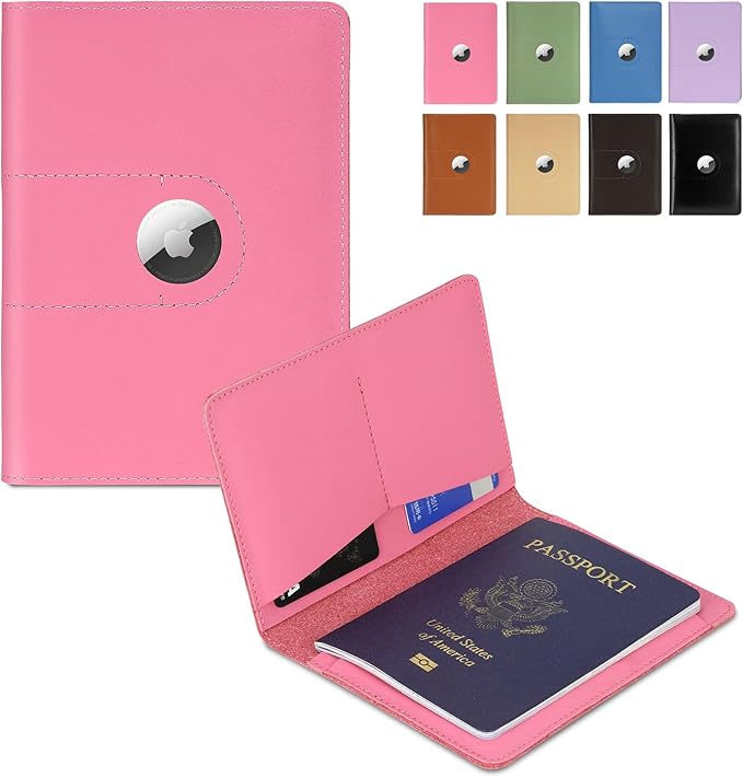 Genuine Leather Passport Holder for Travel Passport Covers with AirTag Slot Passport Wallets for Men Women Family Travel Christmas Gifts, Mens Womens Passport Holder, Pink