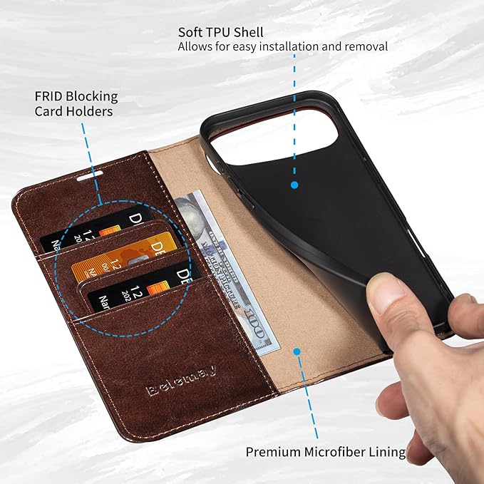 Belemay Genuine Leather Wallet Case for iPhone 17 Air, Premium Cowhide Leather Two-Tone Effect, RFID Blocking Card Holders, Shockproof TPU Shell, Kickstand, Flip Cover for iPhone Air 2025 6.5", Brown