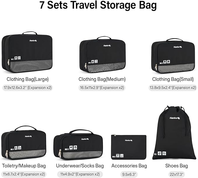 Packing Cubes for Travel, Hanke 7 Set Packing Cubes with Double Zipper,Compression Travel Bags Expandable Design,Durable Packing Organizers for Suitcase Backpack and Carry-On
