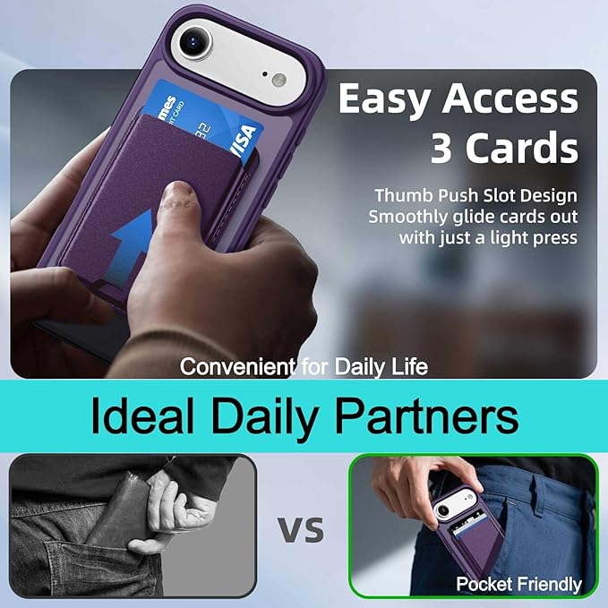 Ntwinro Magnetic for iPhone Air Case (Compatible with MagSafe) with Detachable Wallet & Card Holder for 3 Cards [RFID Blocking] Military Grade Protective Slim Phone Cover for 17 Air 2025, Purple
