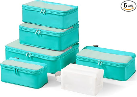 6 Set Compression Packing Cubes for Travel Essentials, Luggage Organizers for Suitcases (Teal)