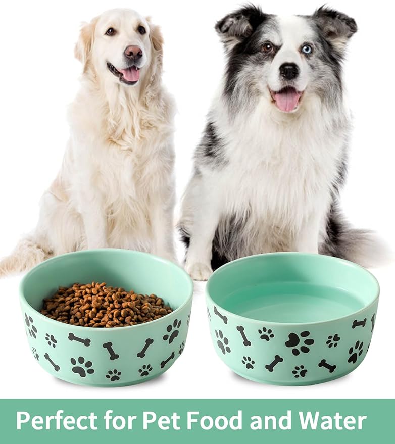 UBEE Ceramic Dog Bowl Set of 2, 6.5 inch Dog Food Bowl Dish with Bone Paw Pattern, Pet Food Water Dish Feeding for Small and Meidum Dogs and Large Cat, Green