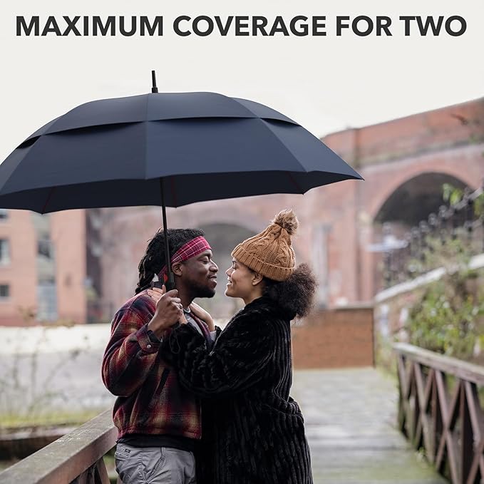 Repel Umbrella Extra Large Windproof Golf Umbrella - Covers 2 People - 60" Wide Vented Double Canopy with Reinforced Fiberglass Ribs, Waterproof Coated Canopy