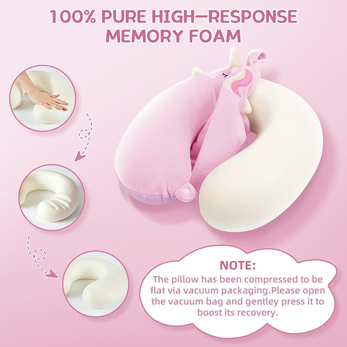 Kids Neck Pillow, Unicorn Kids Travel Neck Pillow for Traveling with Eye Mask, Toddler Travel Essentials for Road Trip Airplane Car Seat, Cute Headrest Memory Foam Pillows for Girl Gift (Pink)