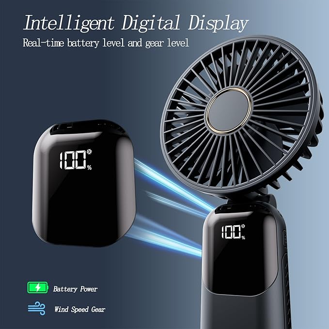 Portable Fan, 4200mAh Battery Operated Fan, 5 Speeds&Digital Display, Makeup Fans for Women with Base, 180°Foldable 3in1 Handheld/Neck/Desk Fan for Outdoor Indoor,Ultra Quiet (Black)