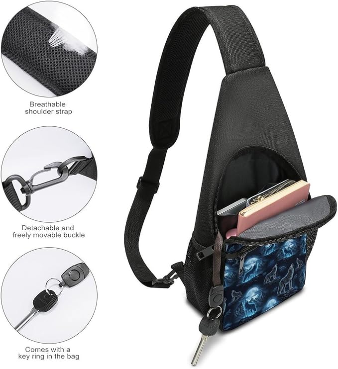SWEET TANG Men and Women Sling Bag Chest Daypack, Howling Wolf Shoulder Backpack Crossbody for Hiking Camping Running, Casual and Large Capacity Anti Theft Rucksack