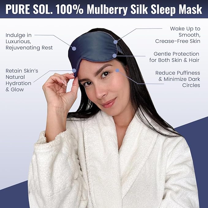 Pure SOL. Silk Sleep Mask - 100% Mulberry Silk Eye Mask - Eye Mask for Sleeping & Blindfold for Power nap During Travel (Navy)
