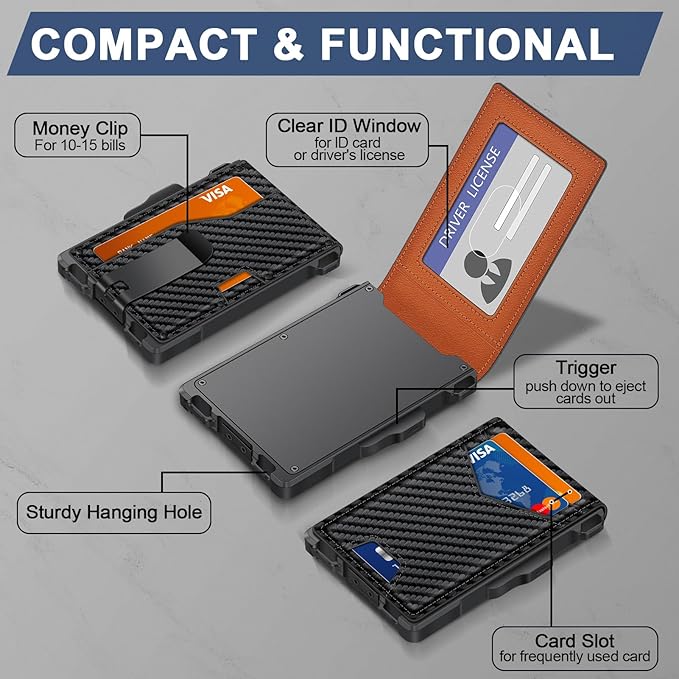 Wallet for Men, Minimalist Slim Mens Wallet with Money Clip, RFID Blocking Smart Pop Up Card Wallet with ID Window, Compact Bifold Wallet,Metal Aluminum Credit Card Holder