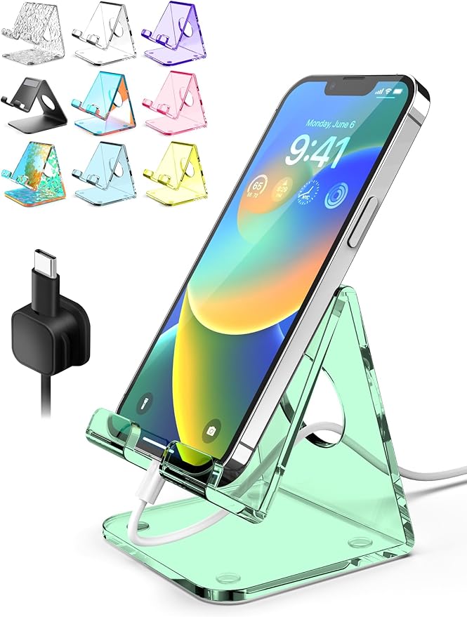 TOPGO Acrylic Cell Phone Stand, Clear Phone Holder for Office Desk, Vanity, Kitchen Counter, Bedside Table, Compatible with iPhone 17 16 15 14 13 12 Pro Max Plus/Smartphones/iPad/Switch/Kindle(Green)