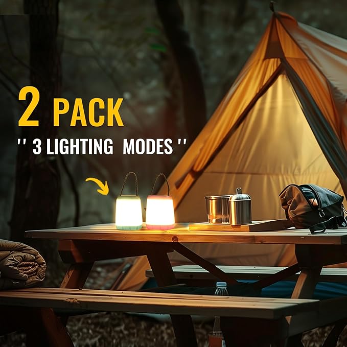 2 Pack LED Camping Lights, Battery Powered LED Camping Lantern with 3 Modes, Portable Night Light for Tent, Hiking, Emergency, Backpacking, Indoor and Outdoor Use