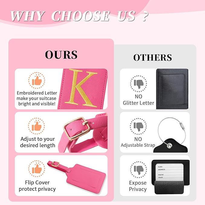 Personalized Initial Luggage Tags with Privacy Cover, Rose Red Leather, Cute Embroidered Custom Monogram Tags for Women, Kids