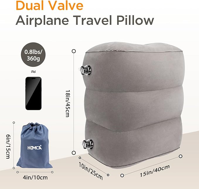 Inflatable Travel Foot Rest Pillow (2-Pack) Adjustable Height Leg Pillow Fast Inflating Airplane Bed for Toddlers Footrest Pillow for Office, Airplane, Train, Cars, Home (Grey)