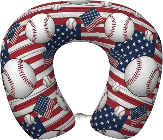 Travel Pillow Chin Neck Support, Comfortable Airplane Car Pillows for Rest, Memory Foam U Shaped Office Home Nap Sleeping Cushion Rustic Wooden American Flag Baseball Sport