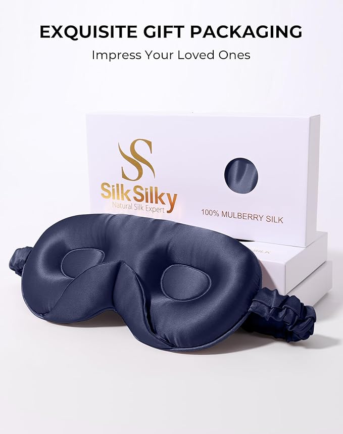 SilkSilky 100% 22 Momme Mulberry Silk Sleep Mask – Upgraded 3D Contoured Eye Mask with Nose Wing Pads & Adjustable Strap, Luxury Blackout Eye Cover for Women & Men (Dark Blue)