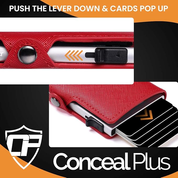 Womens Slim Wallet for Small Purses, Pop Up Wallet with Anti Theft RFID Blocking Credit Card Holder for Women in Red PU Saffiano