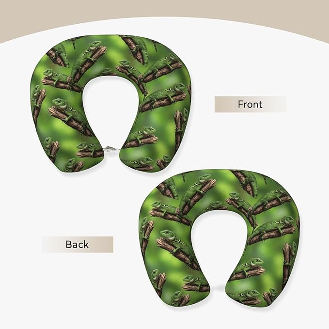 Comfortable Memory Foam Travel Neck Pillow, Funny Chin/Head Cushion Supporting Airplane Car Pillows Green Tree Bearded Dragon Lizards for Sleeping Outdoors Travel Office