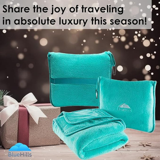BlueHills Premium Soft Travel Blanket Pillow Airplane Blanket Packed in Soft Bag Pillowcase with Hand Luggage Belt and Backpack Clip, Compact Pack Large Warm for Any Travel (Teal Green T006)