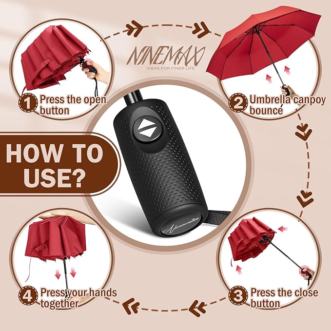 NINEMAX Travel Folding Umbrella Windproof for Men Women, Portable Compact Umbrellas Automatic Open and Close for Rain