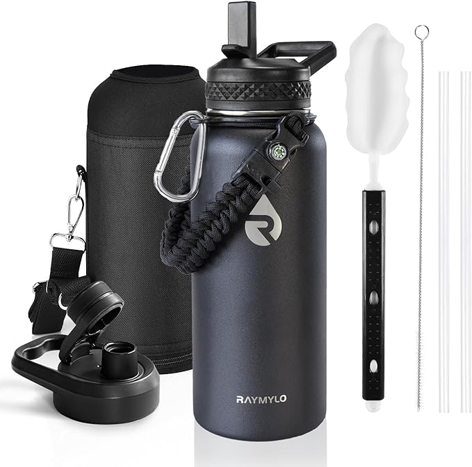 Insulated Water Bottle 32 oz, Triple Wall Vacuum Stainless Steel (Cold for 48 Hrs), Leak Proof & Non-BPA, Modern Water Flask Jug with Paracord Handle & Straw Spout Lids, Magic Black