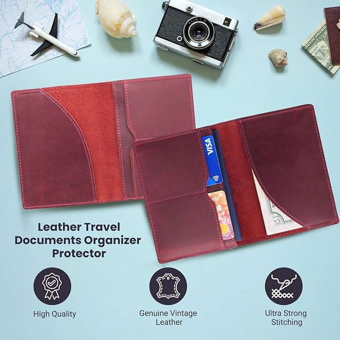 Retro Travel Genuine Leather Passport Holder with Folding Wallet Design