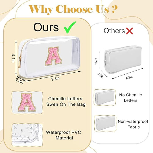 Personalized Initial Letter Clear Makeup Bag,Preppy Small Nylon&PVC Cosmetic Zipper Bag with Chenille Letter,Travel Skincare Toiletry Bag,Monogram Christmas Gift for Teen Girls Women,A