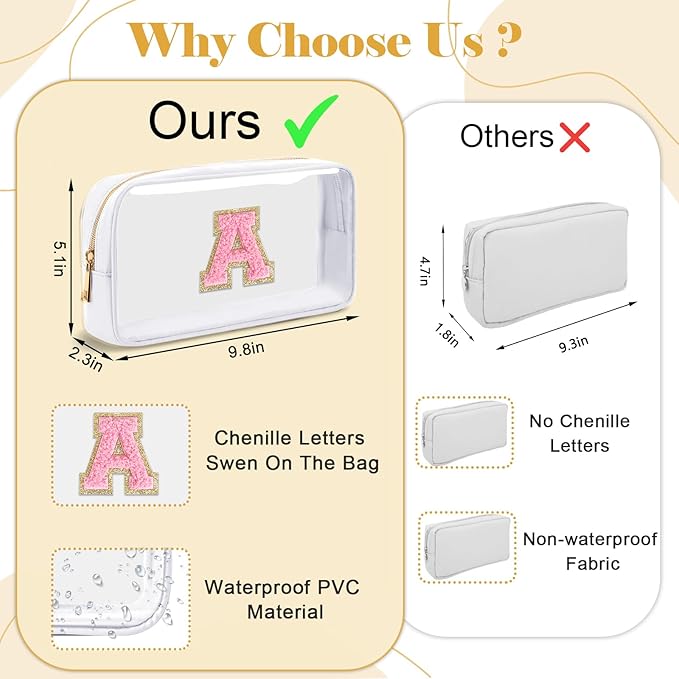 Personalized Initial Letter Clear Makeup Bag,Preppy Small Nylon&PVC Cosmetic Zipper Bag with Chenille Letter,Travel Skincare Toiletry Bag,Monogram Christmas Gift for Teen Girls Women,M