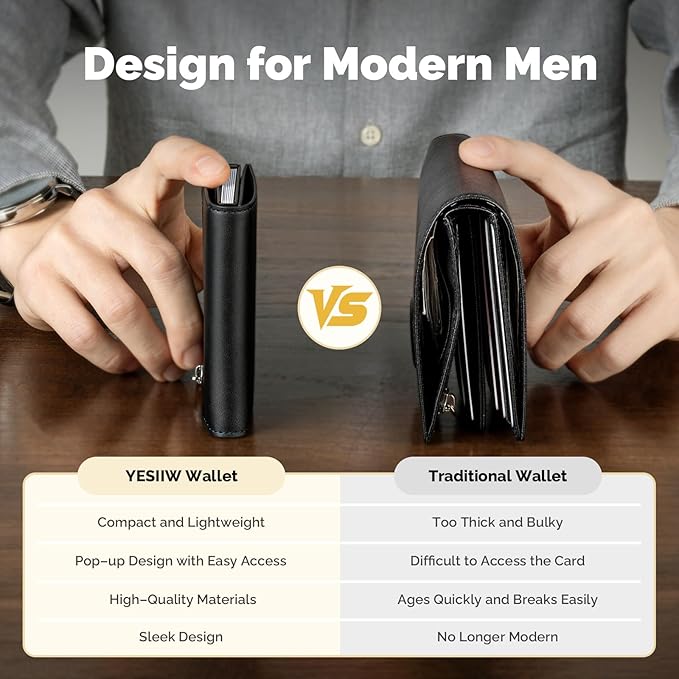 YESIIW Slim Wallet for Men Pop Up Card Holder: Aluminum Case, Premium Leather, Smart, RFID Blocking, Minimalist, Front Pocket - 9-11 Card Capacity | ID Window | Cash Slot (Black)