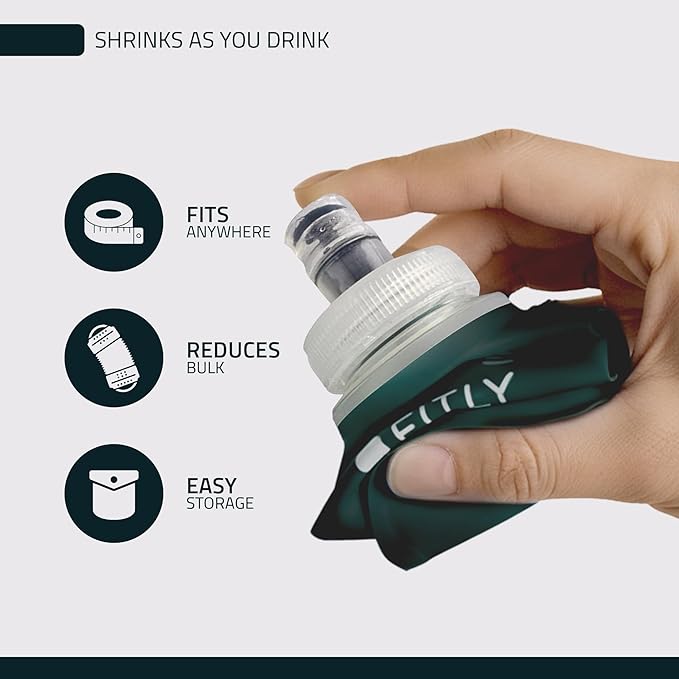 FITLY Soft Flask - Shrink As You Drink Soft Water Bottle for Hydration Pack - Folding Water Bottle Ideal for Running, Hiking, Cycling, Climbing & Rigorous Activity