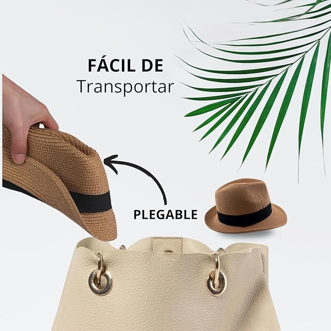 Unisex Panama Straw Hat Summer Foldable Beach Fedora UV Sun Protection for Women Outdoor Travel