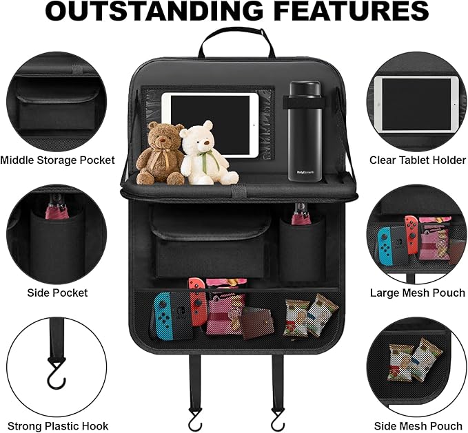 BLYPHOO Car Backseat Organizer: Back Seat Storage Organizer for Kids with Tablet Holder, Heavy Duty Back Seat Protector with Foldable Table Tray, Kick Mats w/Pockets, Road Trip Essentials, 2 Count