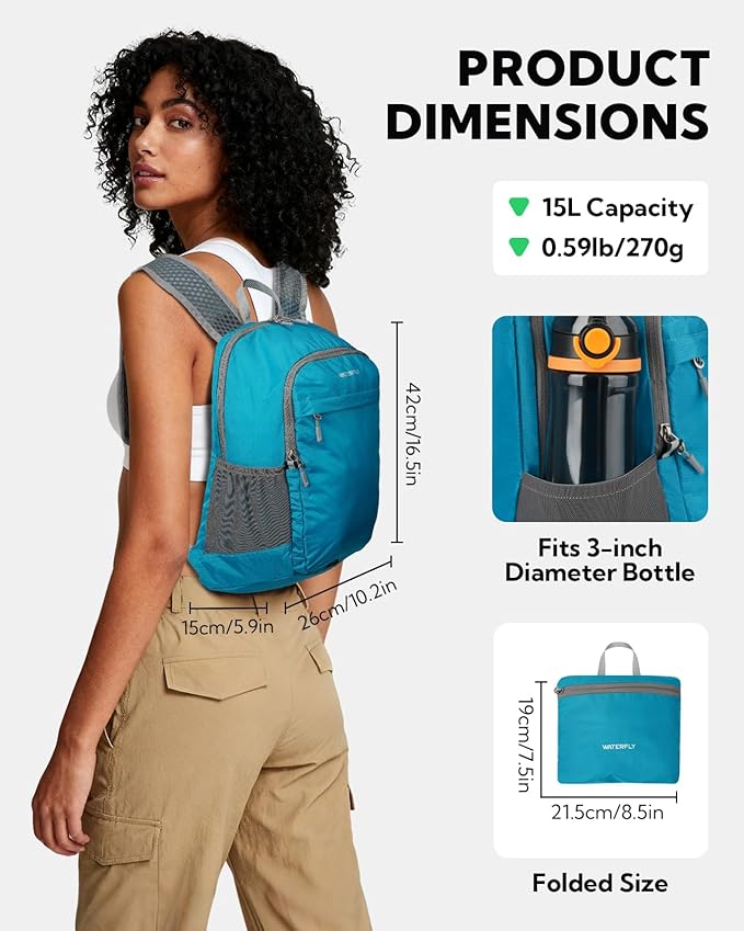 WATERFLY Packable Lightweight Small Backpack: 15L Foldable Mini Hiking Daypack - Ultralight Compact Day Pack for Women Men Outdoor Travel Camping Walking - Blue