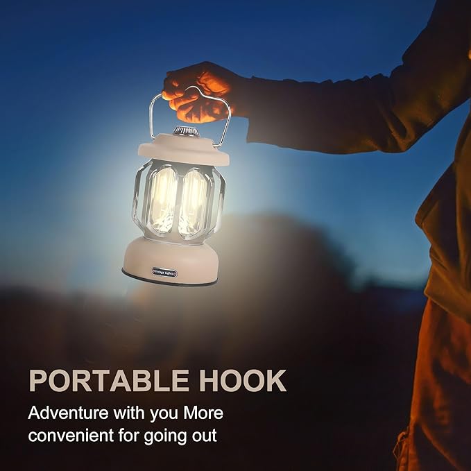 Rechargeable LED Camping Lanterns, Vintage Camping Lights Battery Operated, Portable Retro Metal Glamping Lights for Hiking, Hurricane, Decoration, Power outages, White, 1 Pack