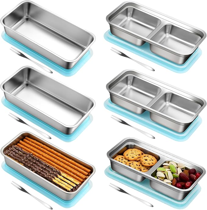 vovoyager Stainless Steel Snack Containers with Lids, Reusable Bento Lunch Container Box, Food Storage, Leak Proof, Dishwasher-Safe, Grab and Go for Work, 3 Single + 3 Double Compartment