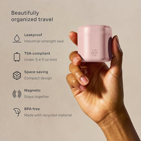 Cadence Travel Containers - Body Care Capsule Set - Magnetic Containers with Lids,Carry On Travel Essentials for Women/Men - 3 Flex Mediums (1.32oz) - Body Wash, Lotion & Sun Icon Labels - Petal