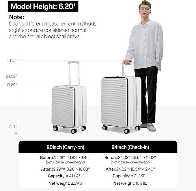 mixi 20 Inch Expandable Carry On Luggage PC Hard Shell Suitcase Top Opening Rolling Travel Suitcases with Spinner Wheels & TSA Lock, Smoke White