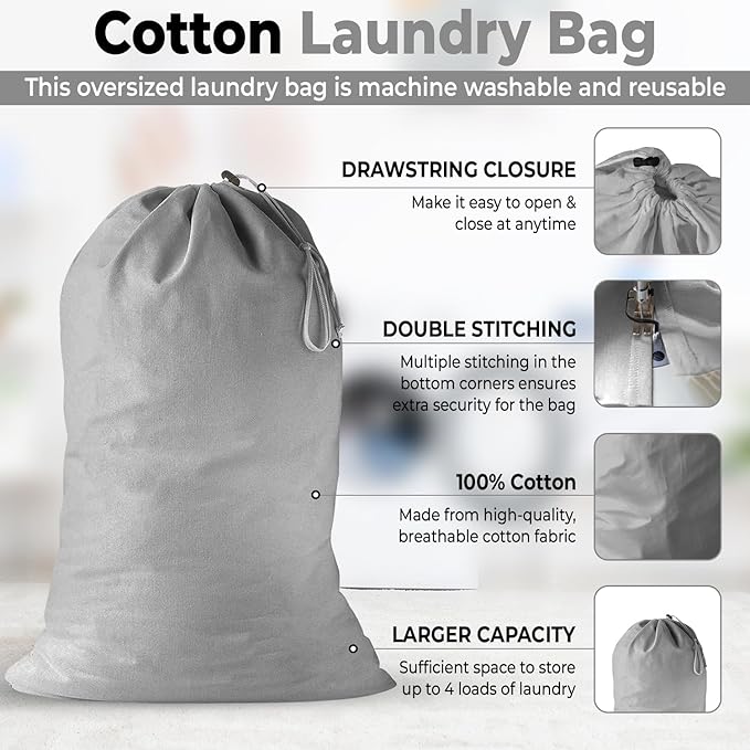 2 Pack - Extra Large Cotton Laundry Bag, Heavy Duty Large Laundry Bags 24 x 36 inch XL Drawstring Travel Organizer Bag Fit Hamper Basket Camp (Light Gret, Pack of 2)