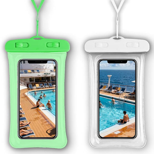 2 Pack Waterproof Phone Pouch, Waterproof Phone Case，Compatible with iPhone 17 16 15 14 13 Pro Max, IPX8 Cellphone Dry Bag Beach Cruise Ship Essentials 8.3"(Green+White)