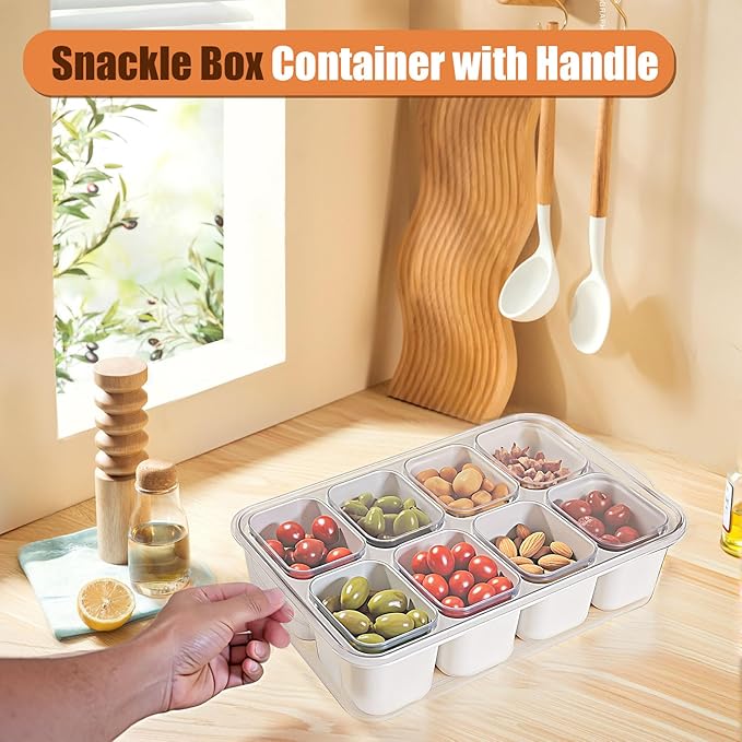 Dishwasher Safe Snackle Box Container, Portable Snacklebox for Veggie, Candy, Divided Serving Tray with Lid and Handle, 8 Compartment Fruit Platter for Party, Picnic, Travel