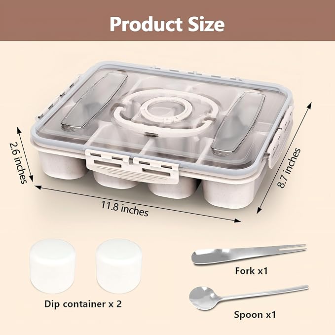 Dishwasher Safe Snackle Box Container, Snack Divided Serving Tray with Lid, Portable Snack Organizer with Date Marker, 2 Dressing Containers, Fork and Spoon, White