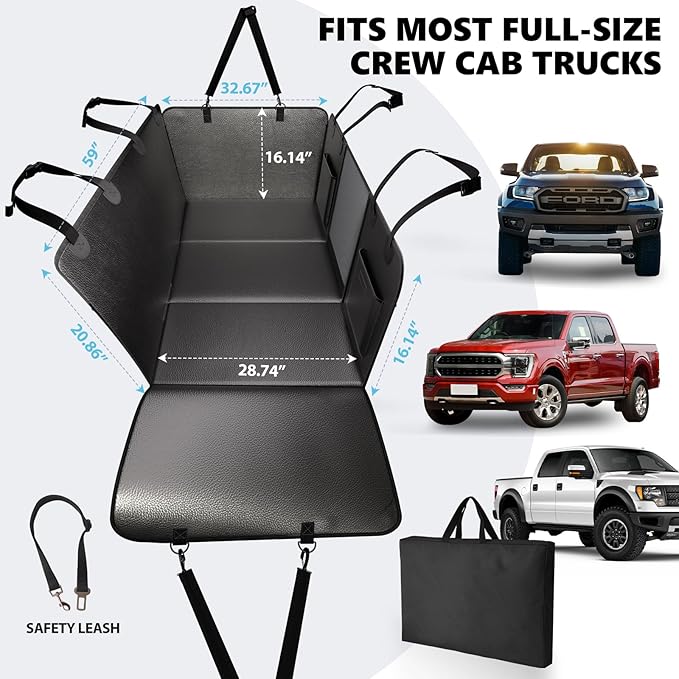 Back Seat Extender for Dogs - Leather, Hard Bottom Dog Seat Cover for Truck Back Seat, Dog Hammock for Truck Crew Cab F150, RAM1500, Sierra, Silverado, Tundra, Titan (59"x29")